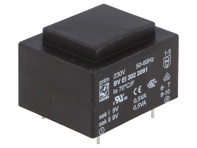 Transformator: ingegoten; 1VA; 230VAC; 9V; 9V; 56mA; 56mA; PCB; BVEI Transformator: ingegoten; 1VA; 230VAC; 9V; 9V; 56mA; 56mA; PCB; BVEI